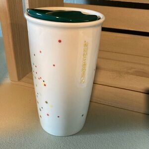 Starbucks White Tumbler with Colorful Confetti and Green Lid